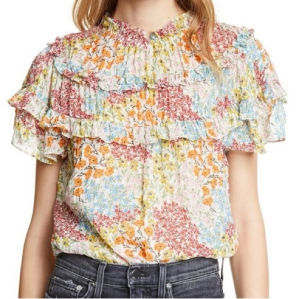 Rebecca Taylor Multicolor Floral Smocked Ruffle Blouse - Size 4